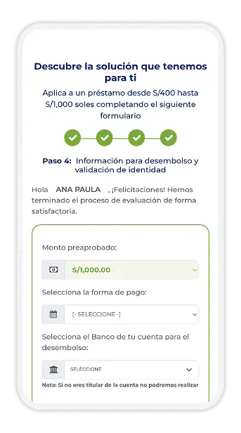 Formulario para ingresar datos bancarios y recibir préstamo